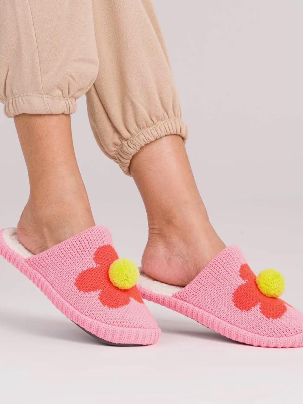 Cozy Pink Flower Knit Slippers with Pom Pom